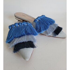 Schutz Blue Ombre fringe mules size 8.5 flats pointed toe Vacation Resort